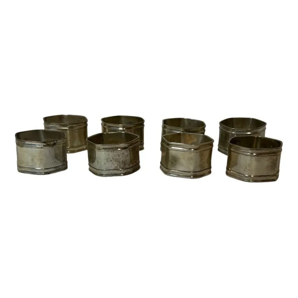 Vintage Set Of 8 Made in India Silver Hexagon Napkin Rings Tabletop Decor READ